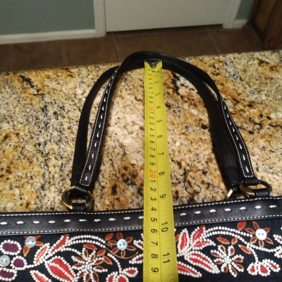 Isabella Fiori Beaded Sequined Canvas Leather Black Red Handbag Tote Bag - Picture 16 of 16